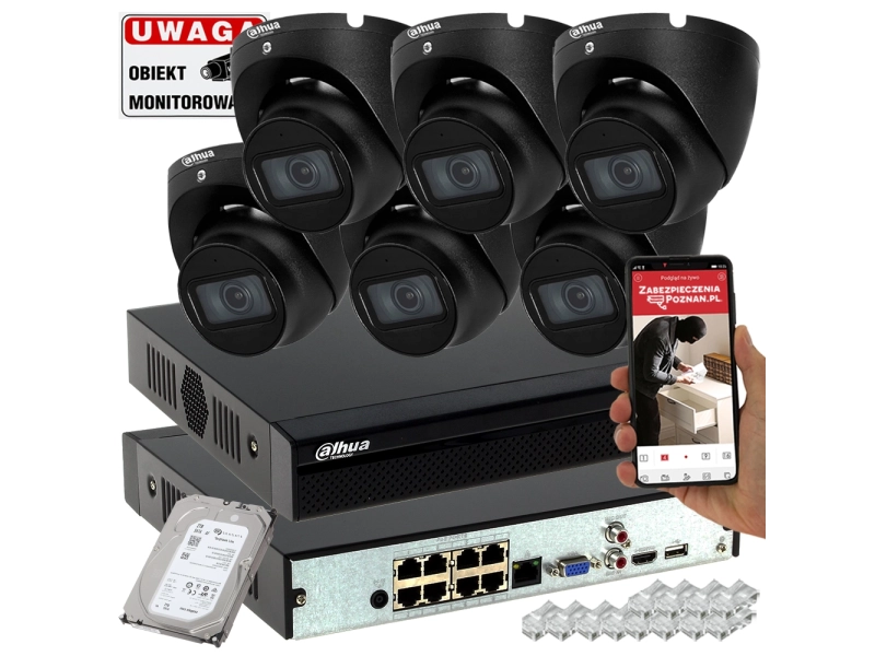 System monitoringu firmy 6 kamer IP Dahua IPC-HDW1530T-0280B-S6-BLACK 5MPx IR30 Mikrofon PoE